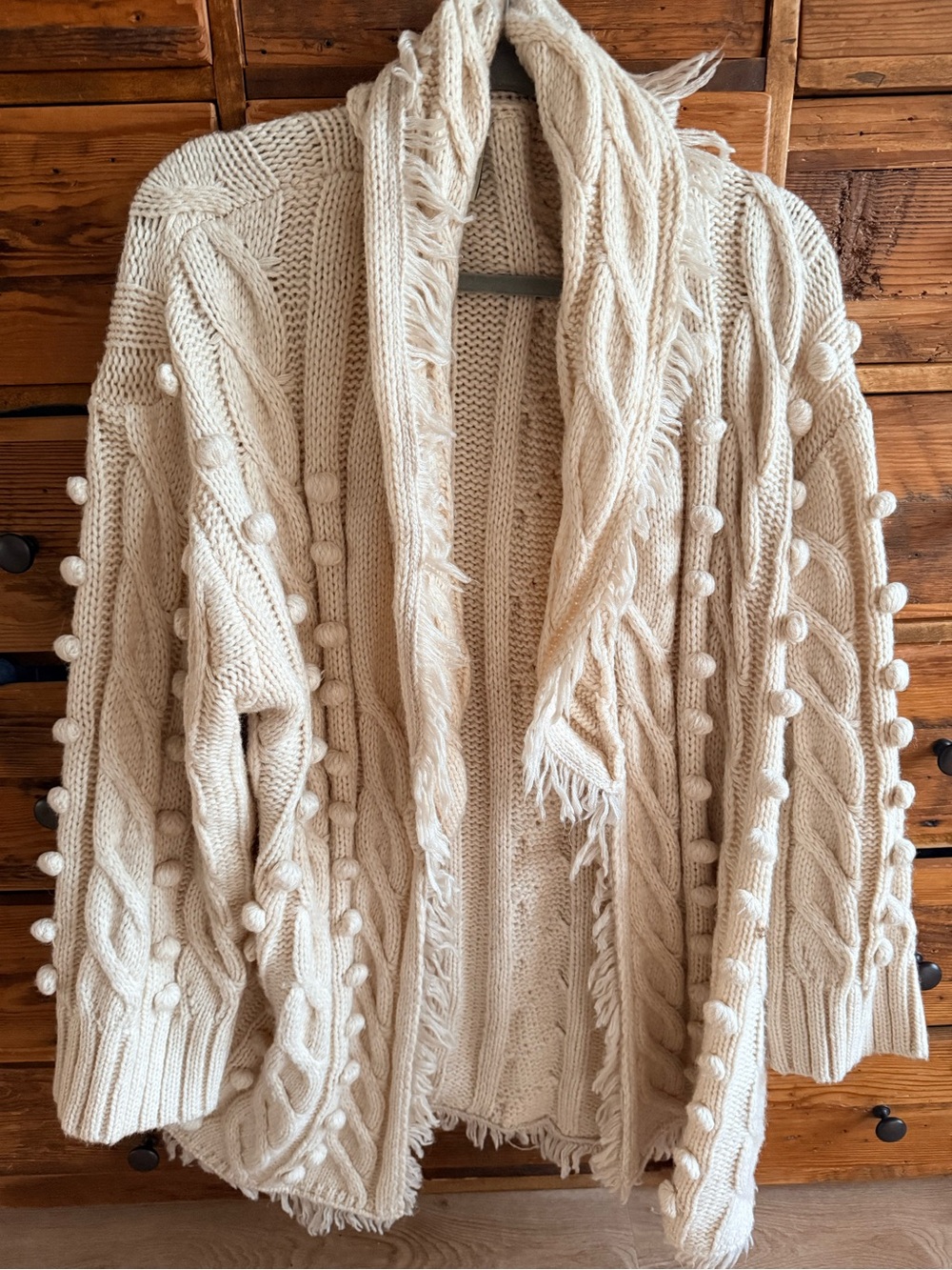 Farm Rio Cream Cable-Knit Fringe Sweater Cardigan